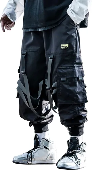 MOKEWEN Men's Multi Straps Cargo Pockets Streetwear Jogger Ankle Ninth Pants with Elastic Waist Drawstring