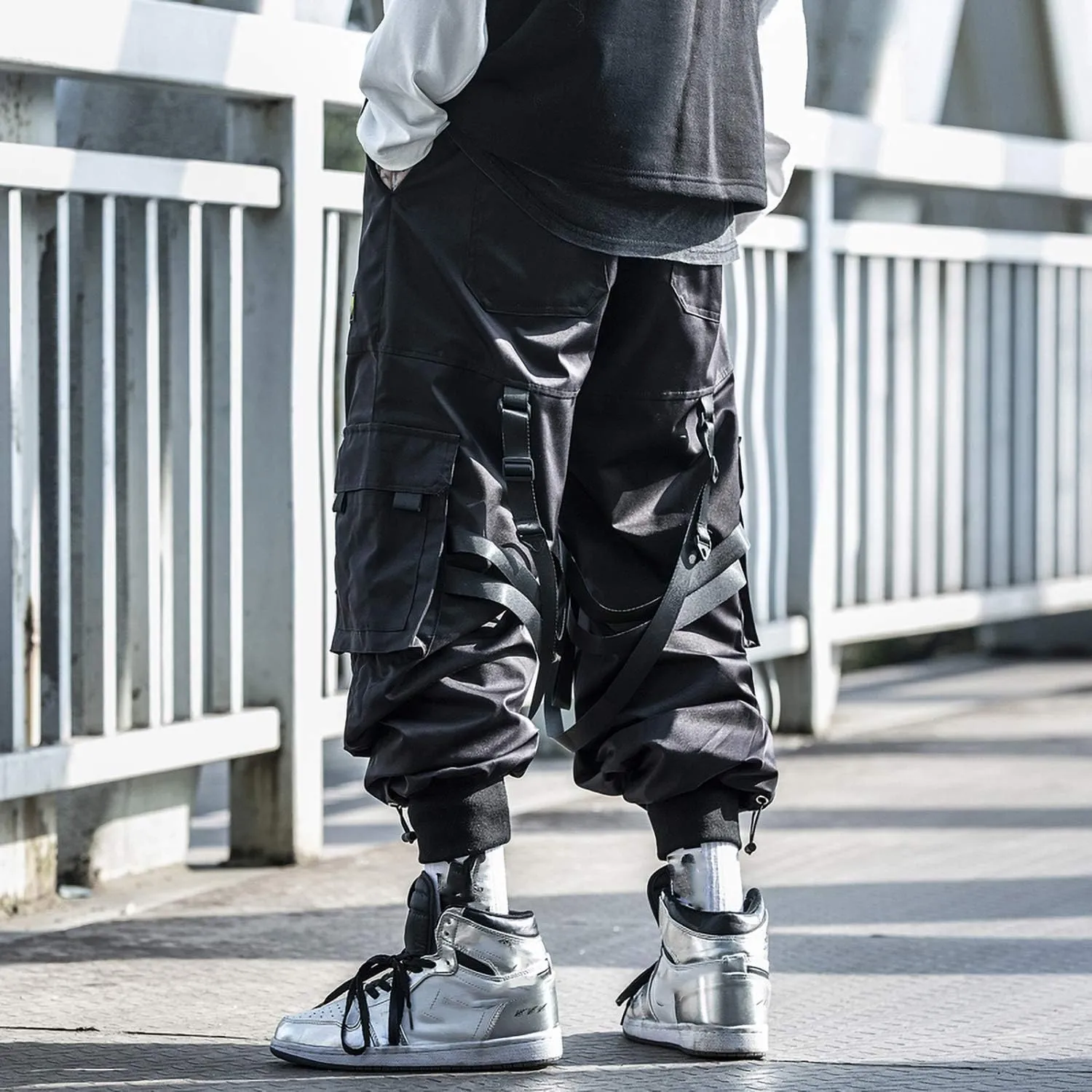 MOKEWEN Men's Multi Straps Cargo Pockets Streetwear Jogger Ankle Ninth Pants with Elastic Waist Drawstring