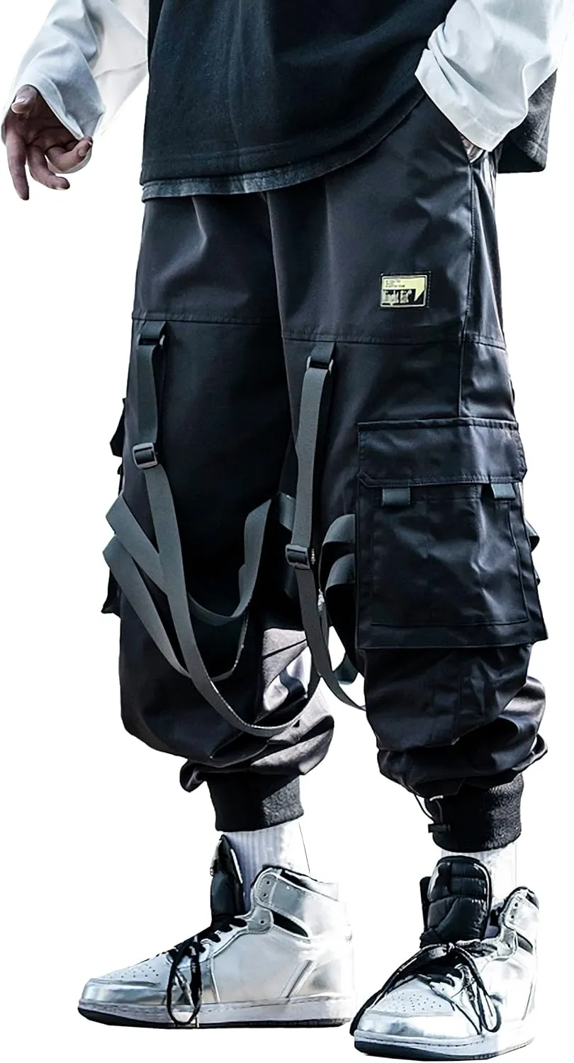 MOKEWEN Men's Multi Straps Cargo Pockets Streetwear Jogger Ankle Ninth Pants with Elastic Waist Drawstring