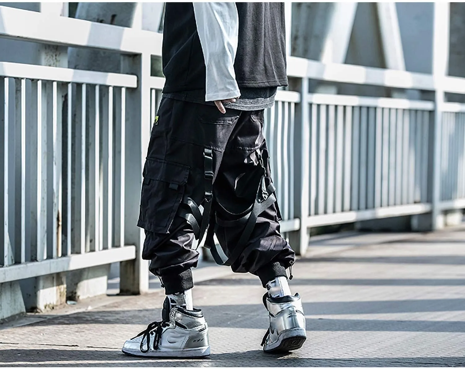 MOKEWEN Men's Multi Straps Cargo Pockets Streetwear Jogger Ankle Ninth Pants with Elastic Waist Drawstring