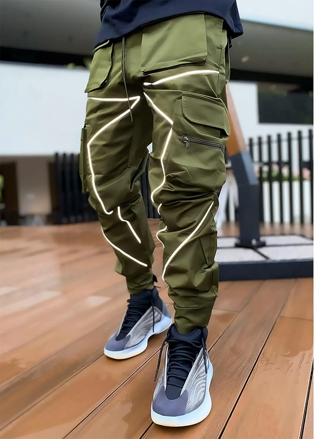 MOKEWEN Men's Reflective Casual Punk Jogger Cargo Pants with Pocket