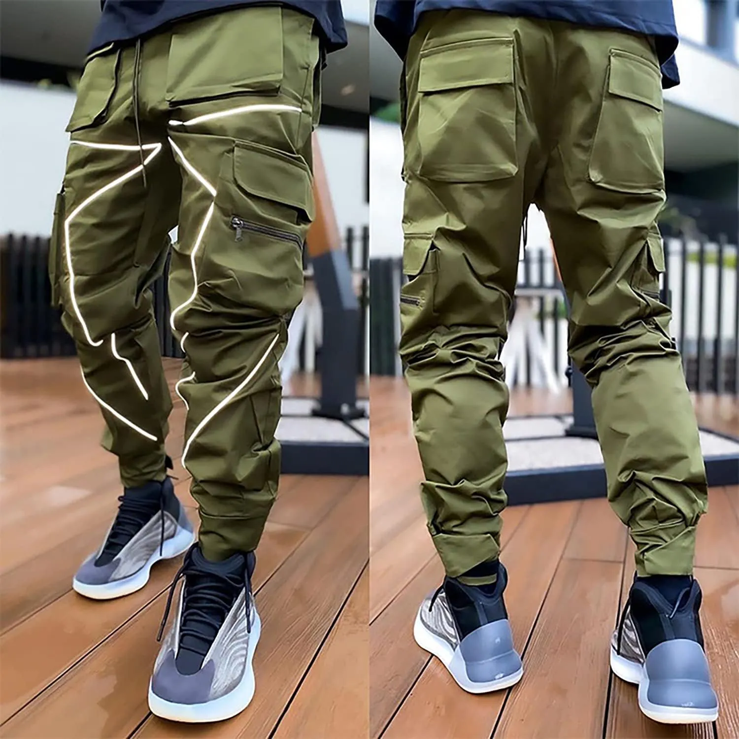 MOKEWEN Men's Reflective Casual Punk Jogger Cargo Pants with Pocket