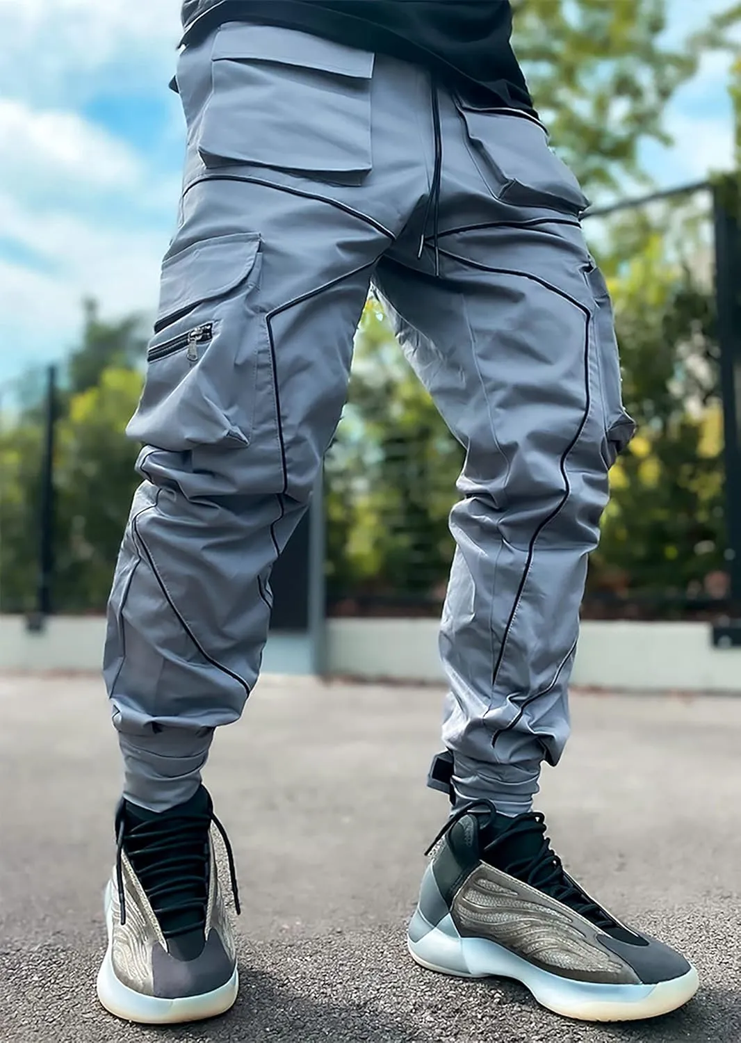 MOKEWEN Men's Reflective Casual Punk Jogger Cargo Pants with Pocket