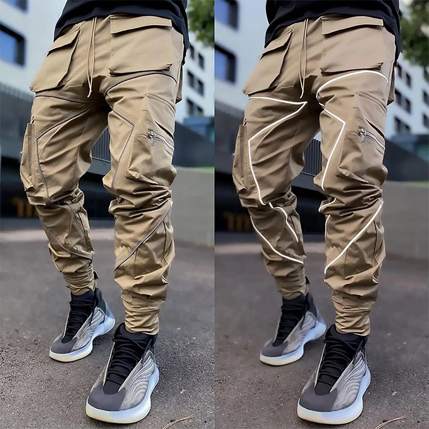 MOKEWEN Men's Reflective Casual Punk Jogger Cargo Pants with Pocket