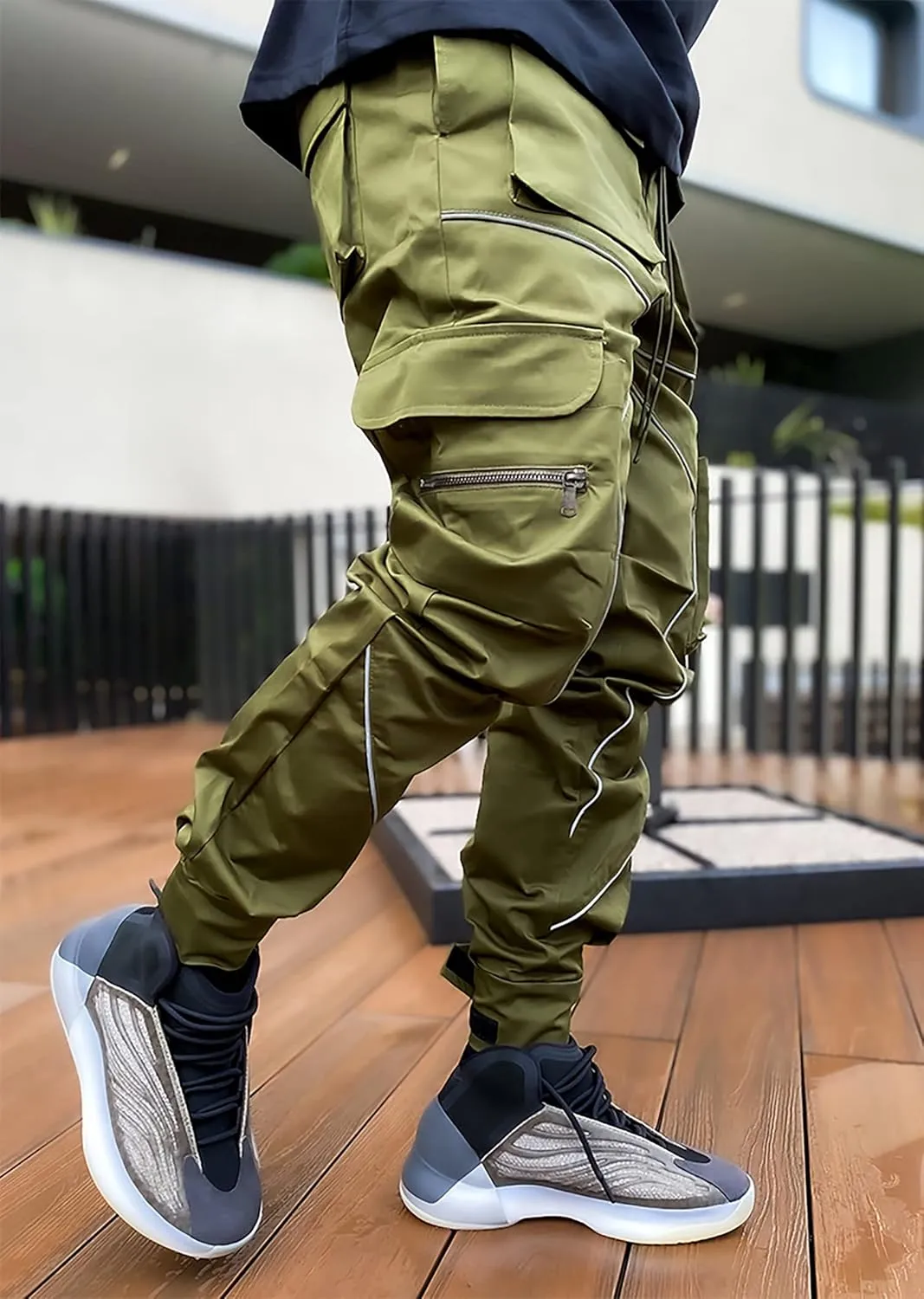 MOKEWEN Men's Reflective Casual Punk Jogger Cargo Pants with Pocket