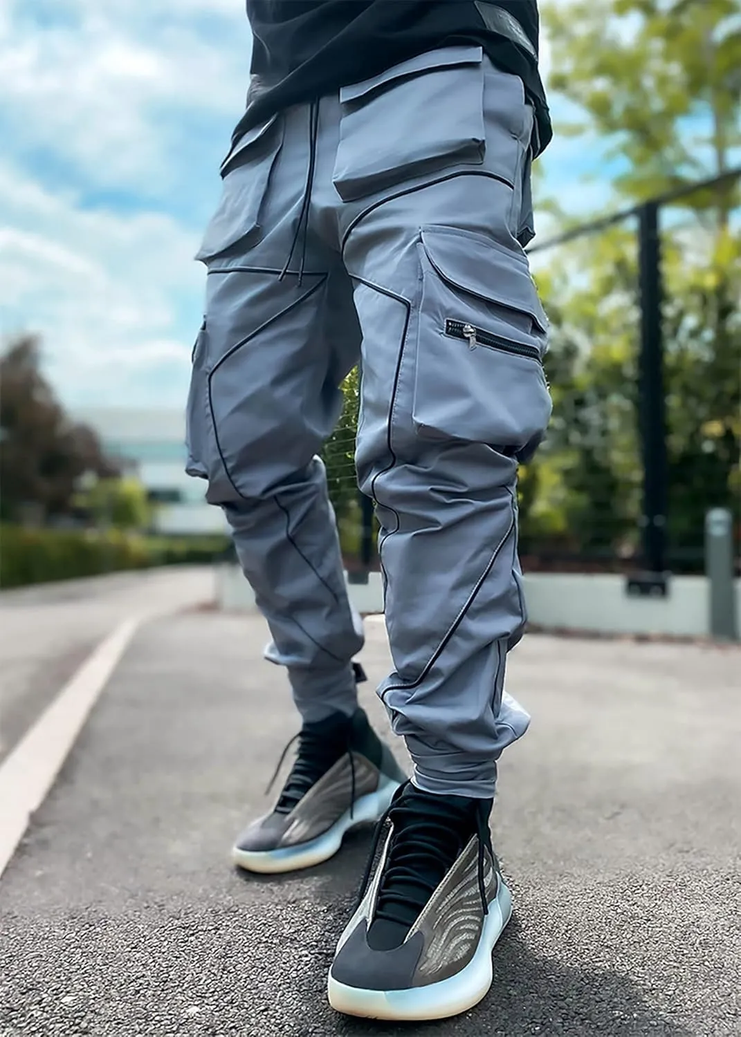 MOKEWEN Men's Reflective Casual Punk Jogger Cargo Pants with Pocket
