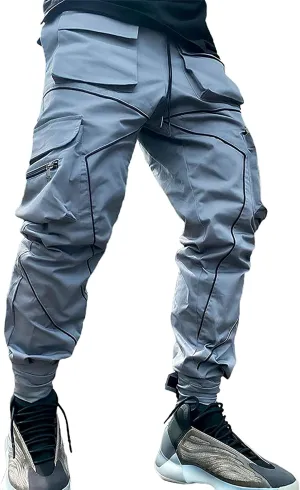 MOKEWEN Men's Reflective Casual Punk Jogger Cargo Pants with Pocket