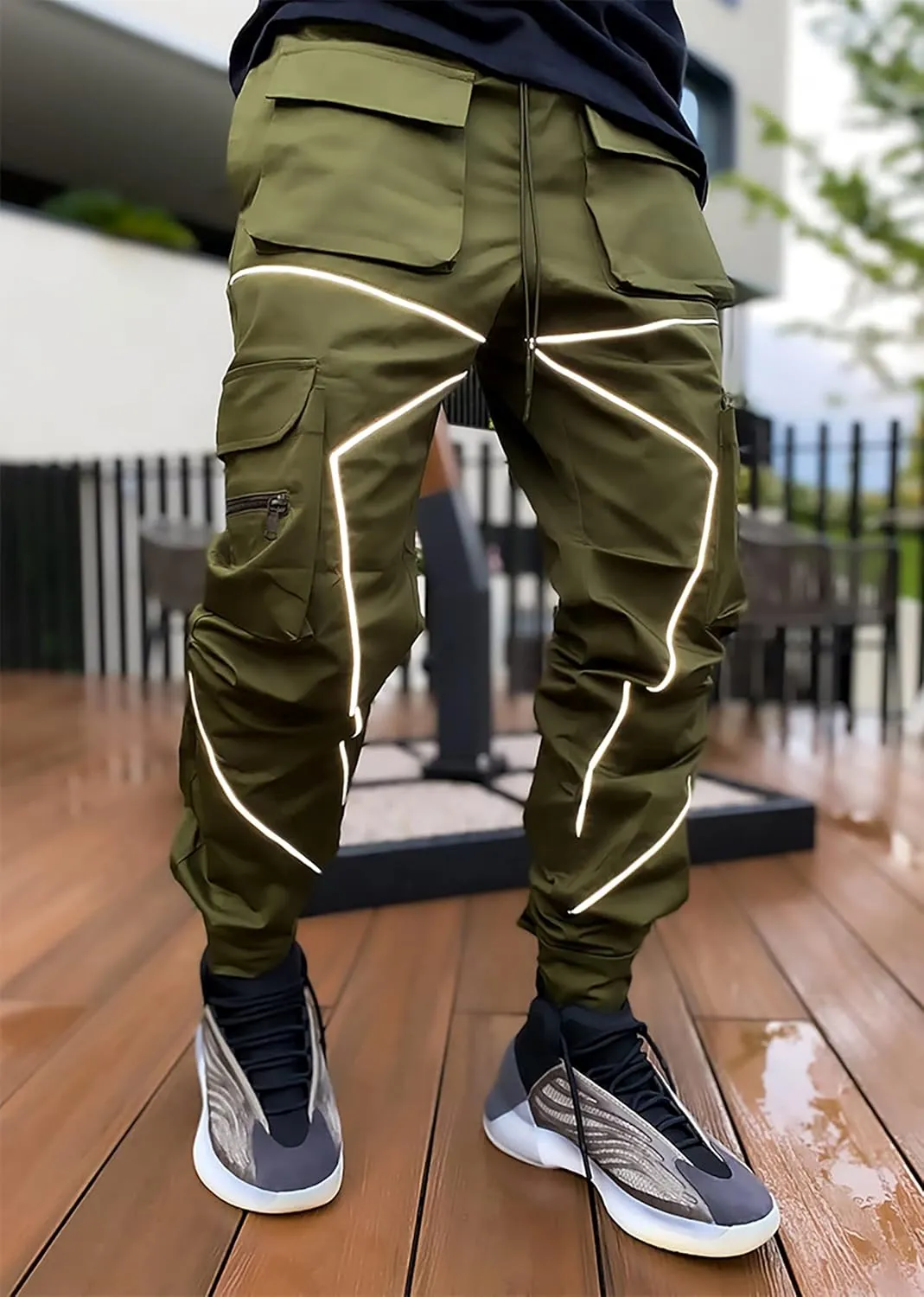 MOKEWEN Men's Reflective Casual Punk Jogger Cargo Pants with Pocket