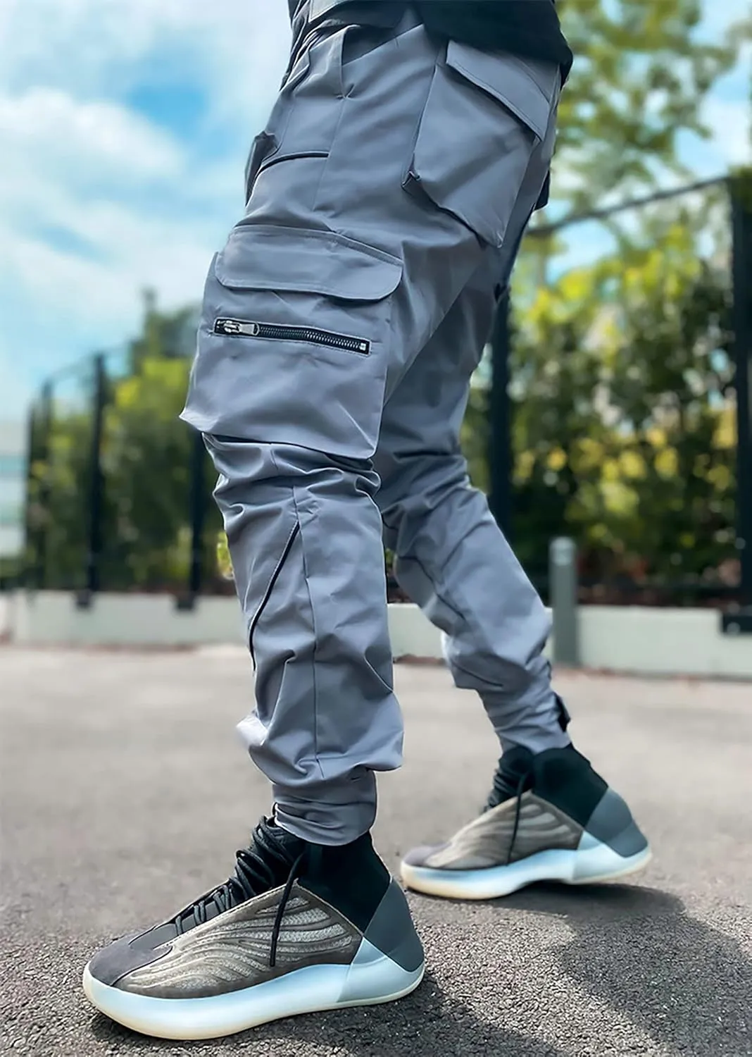 MOKEWEN Men's Reflective Casual Punk Jogger Cargo Pants with Pocket