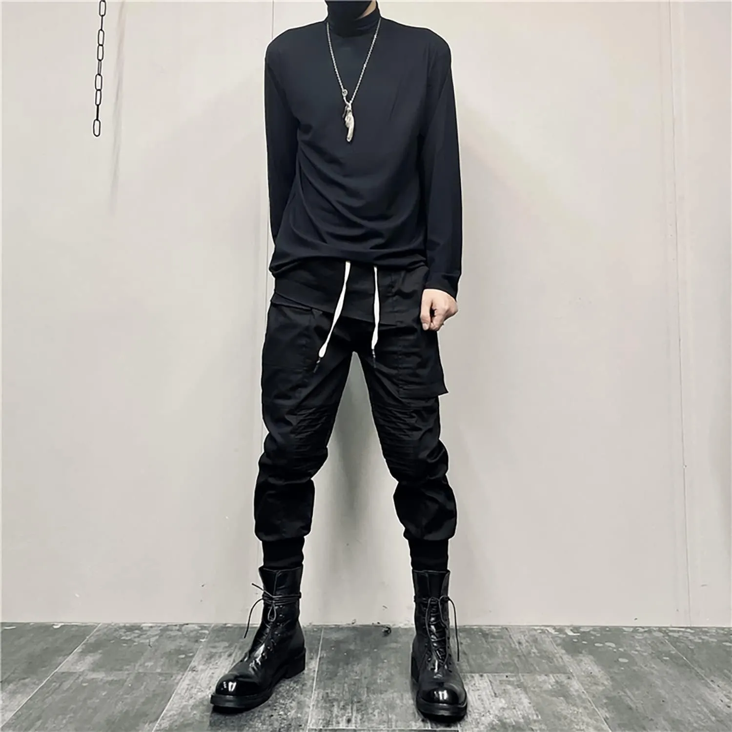 MOKEWEN Men's Ribbon Casual Straps Pocket Harem Pants Drawstring Elastic Waist
