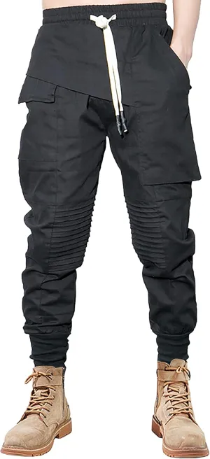 MOKEWEN Men's Ribbon Casual Straps Pocket Harem Pants Drawstring Elastic Waist