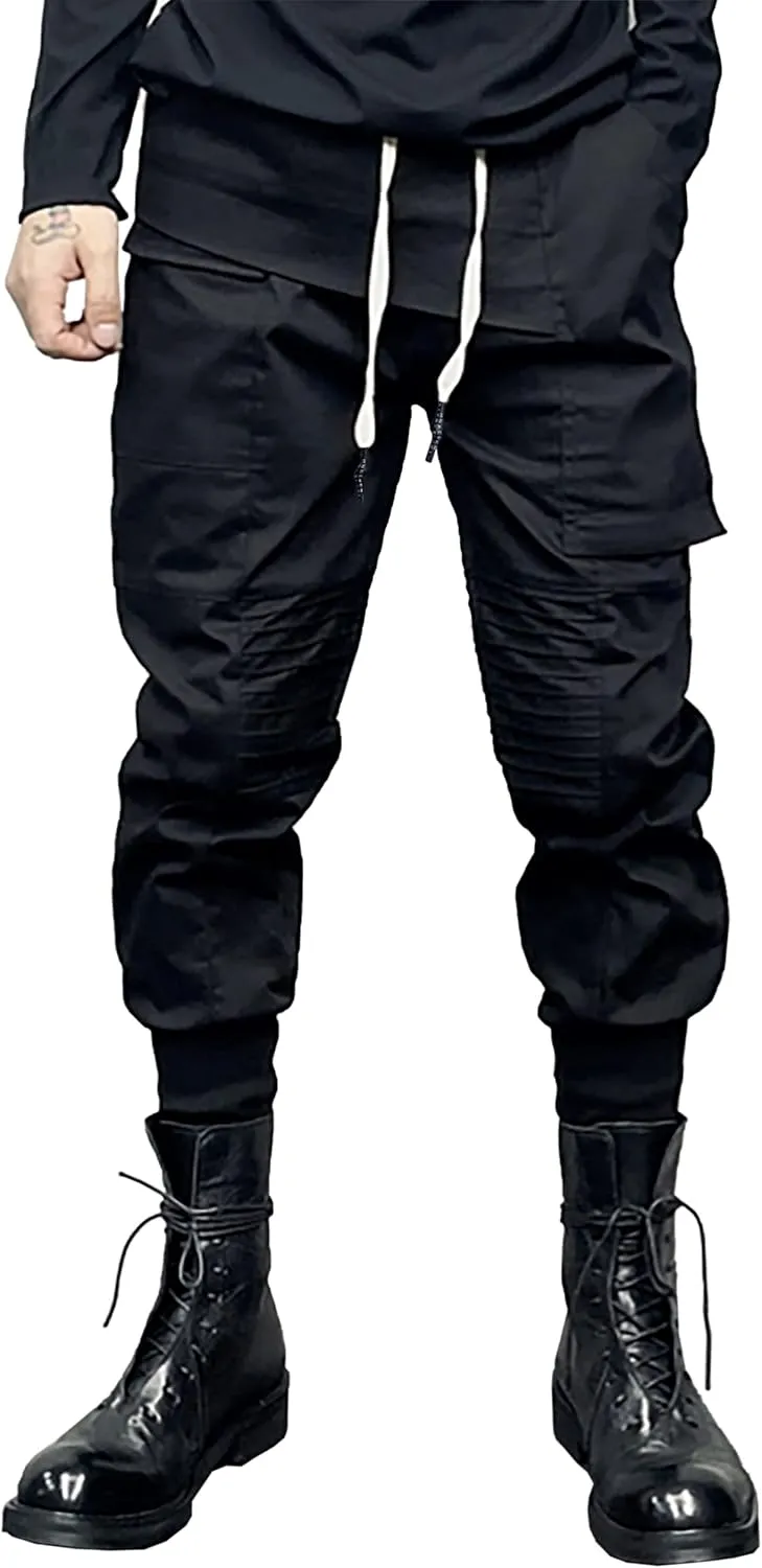 MOKEWEN Men's Ribbon Casual Straps Pocket Harem Pants Drawstring Elastic Waist