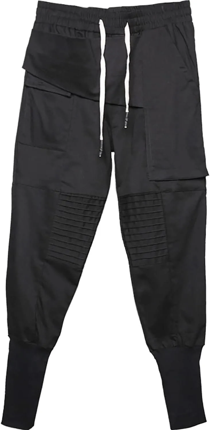 MOKEWEN Men's Ribbon Casual Straps Pocket Harem Pants Drawstring Elastic Waist