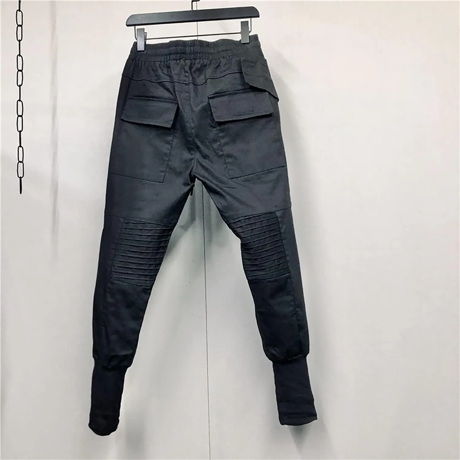 MOKEWEN Men's Ribbon Casual Straps Pocket Harem Pants Drawstring Elastic Waist