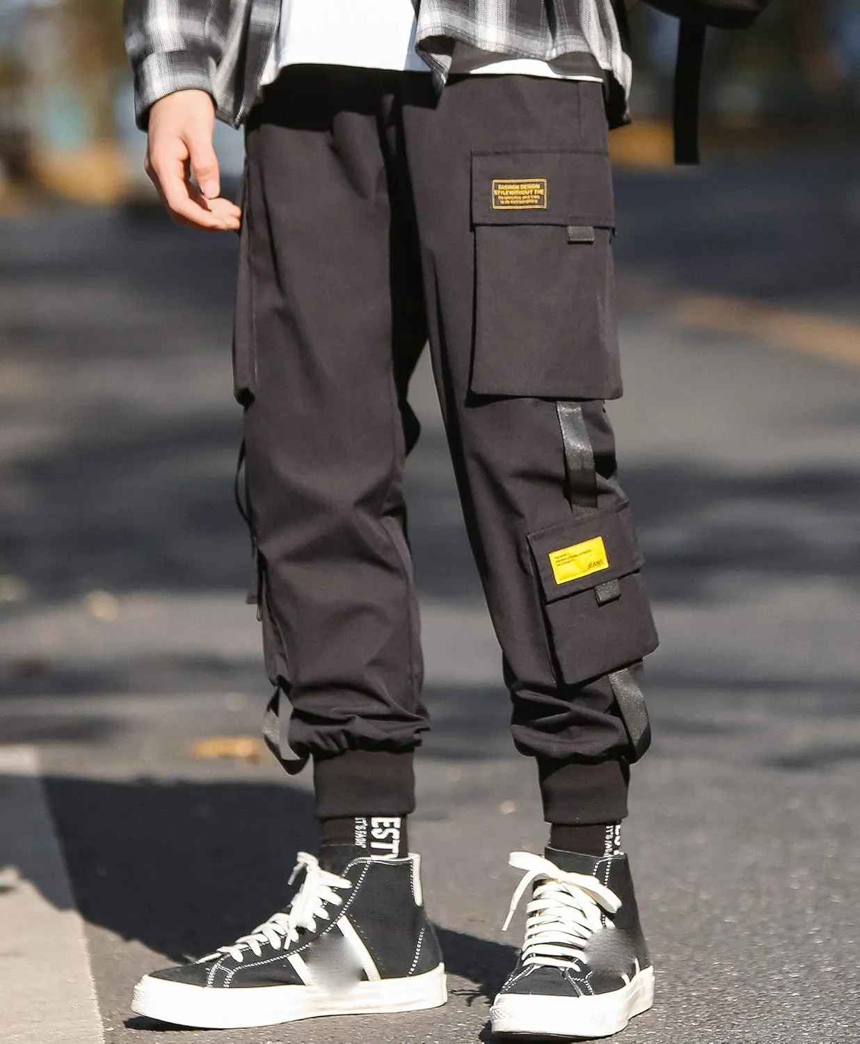 MOKEWEN Men's Ribbon Pocket Techwear Jogging Cargo Combat Tactic Ankle Pants
