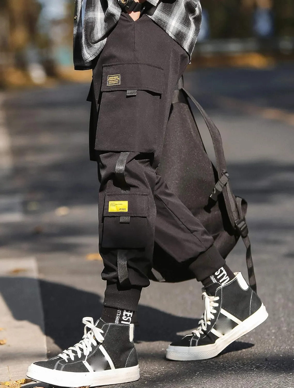MOKEWEN Men's Ribbon Pocket Techwear Jogging Cargo Combat Tactic Ankle Pants