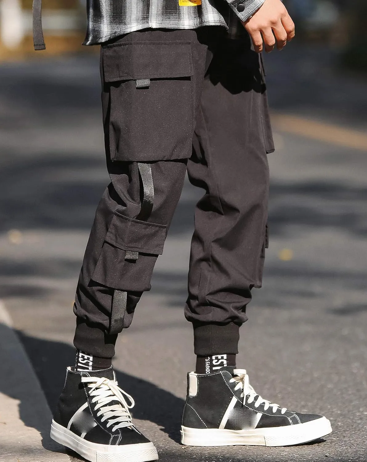 MOKEWEN Men's Ribbon Pocket Techwear Jogging Cargo Combat Tactic Ankle Pants