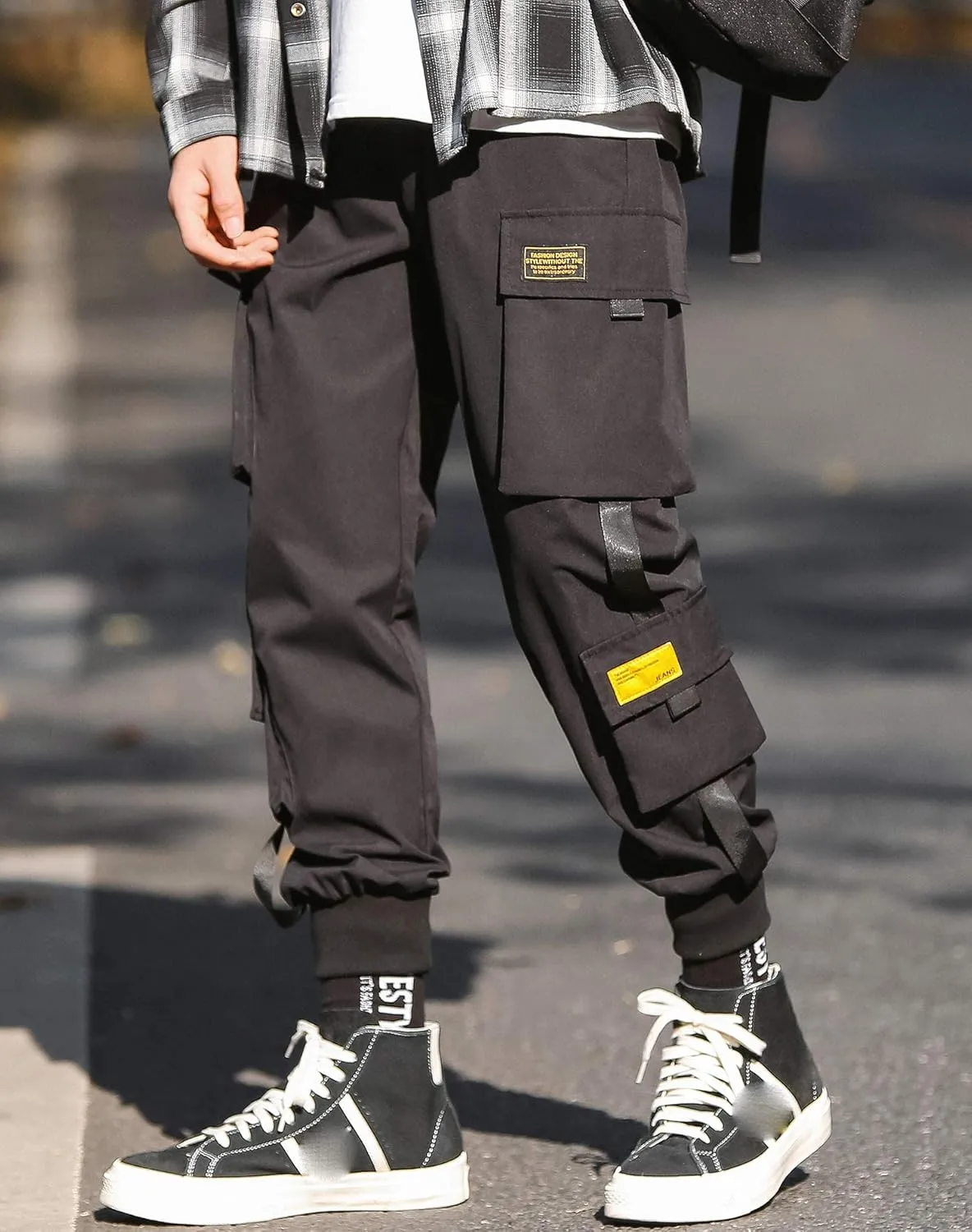 MOKEWEN Men's Ribbon Pocket Techwear Jogging Cargo Combat Tactic Ankle Pants