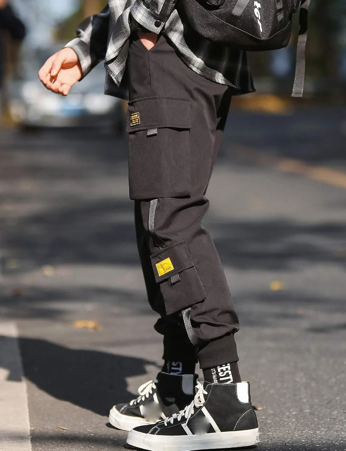 MOKEWEN Men's Ribbon Pocket Techwear Jogging Cargo Combat Tactic Ankle Pants