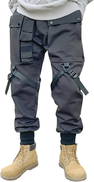 MOKEWEN Men's Straps Cross Buckle Streetwear Jogger Harem Cargo Ninth Pants with Big Multi Pockets Drawstring Waist W 31-32