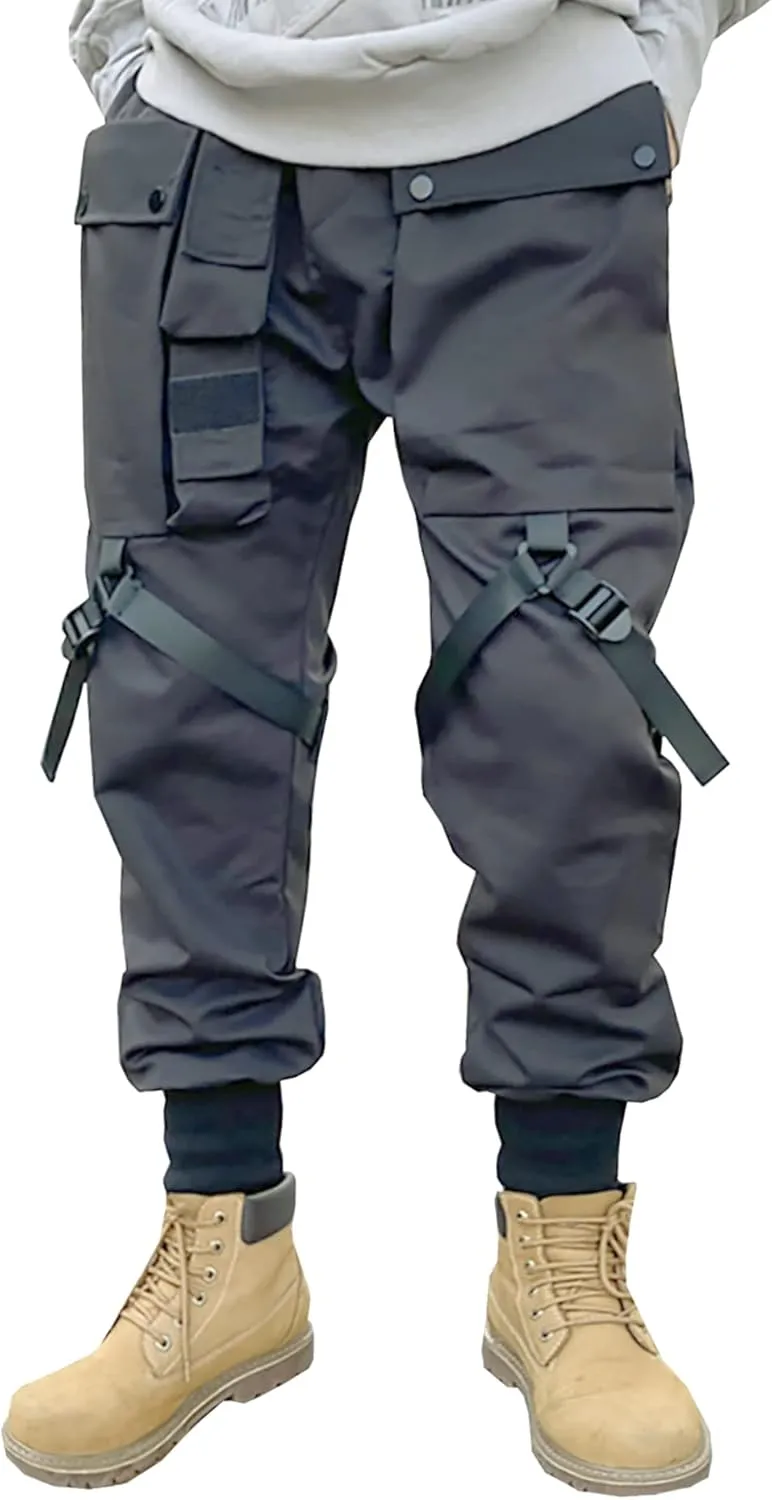 MOKEWEN Men's Straps Cross Buckle Streetwear Jogger Harem Cargo Ninth Pants with Big Multi Pockets Drawstring Waist W 31-32