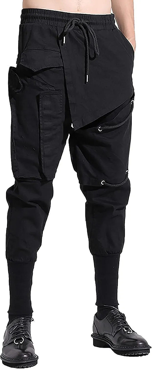 MOKEWEN Men's Streetwear Pockets Lace Cross Jogger Harem Ninth Pants Drawstring Elastic Waist Black