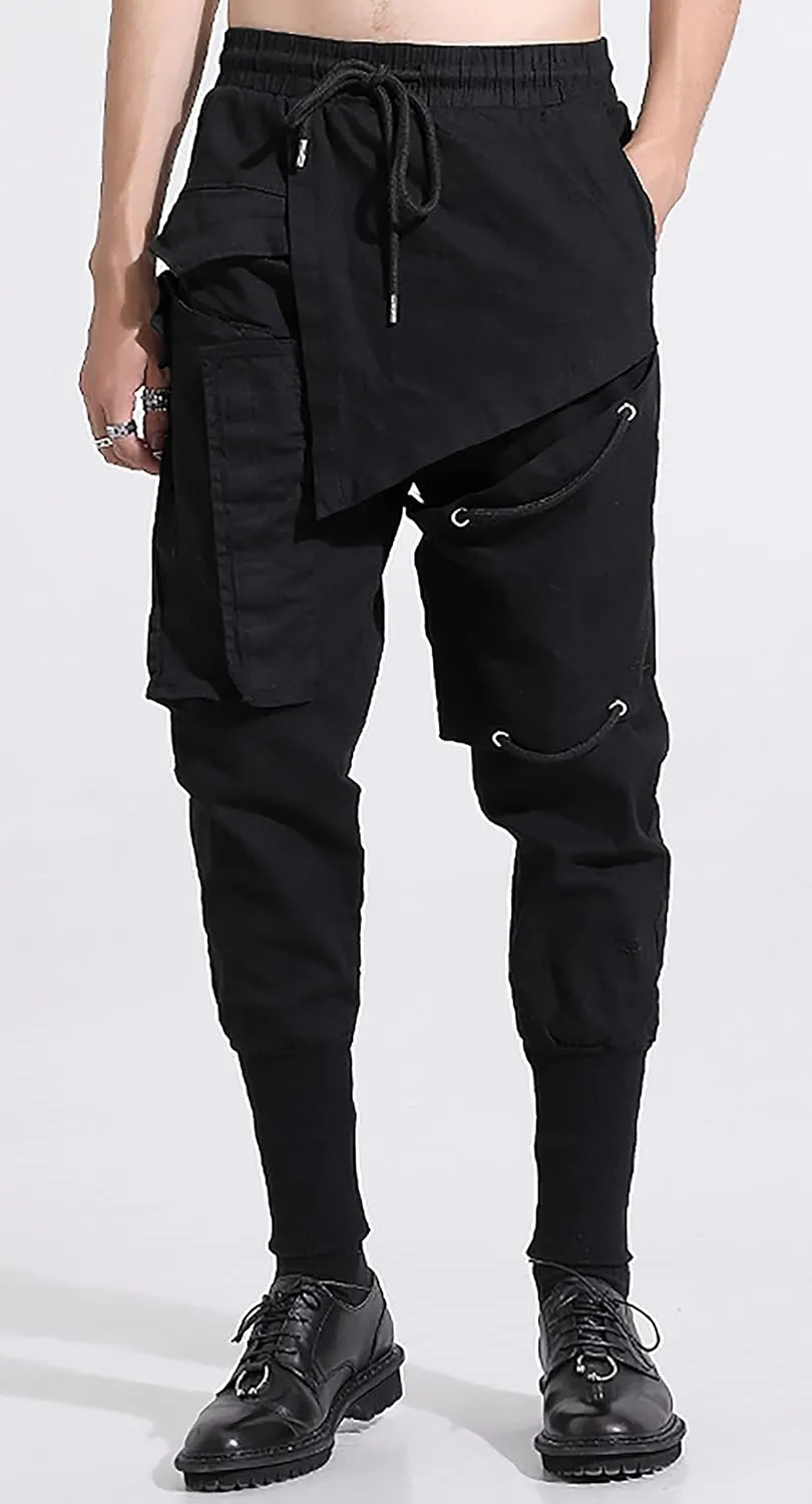MOKEWEN Men's Streetwear Pockets Lace Cross Jogger Harem Ninth Pants Drawstring Elastic Waist Black