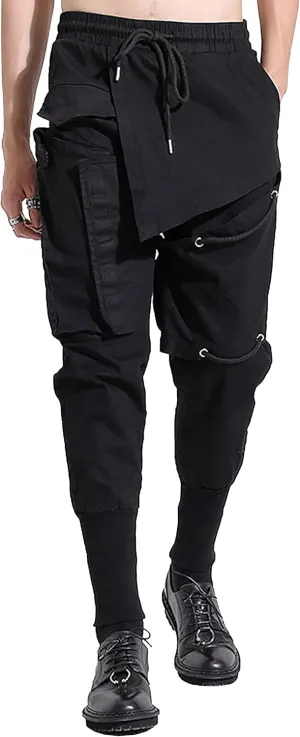 MOKEWEN Men's Streetwear Pockets Lace Cross Jogger Harem Ninth Pants Drawstring Elastic Waist Black