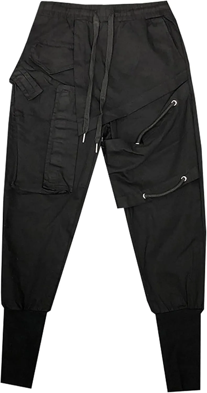 MOKEWEN Men's Streetwear Pockets Lace Cross Jogger Harem Ninth Pants Drawstring Elastic Waist Black