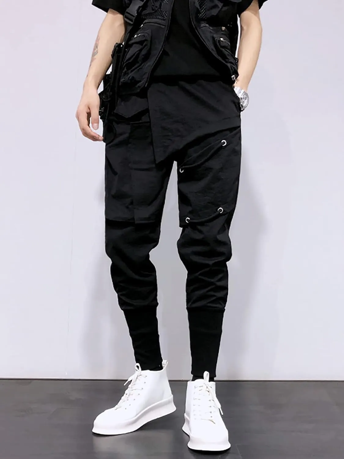 MOKEWEN Men's Streetwear Pockets Lace Cross Jogger Harem Ninth Pants Drawstring Elastic Waist Black