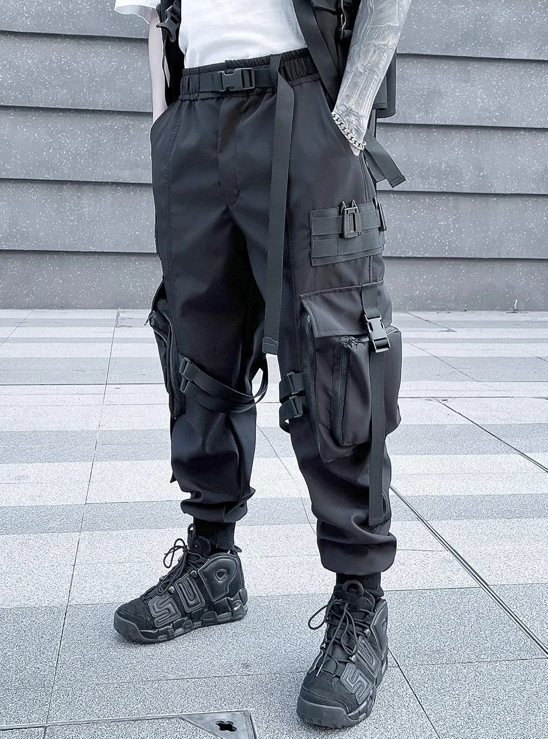 MOKEWEN Men's Streetwear Straps Harem Punk Cargo Ninth Pants with Big Multi Pockets Elastic Waist