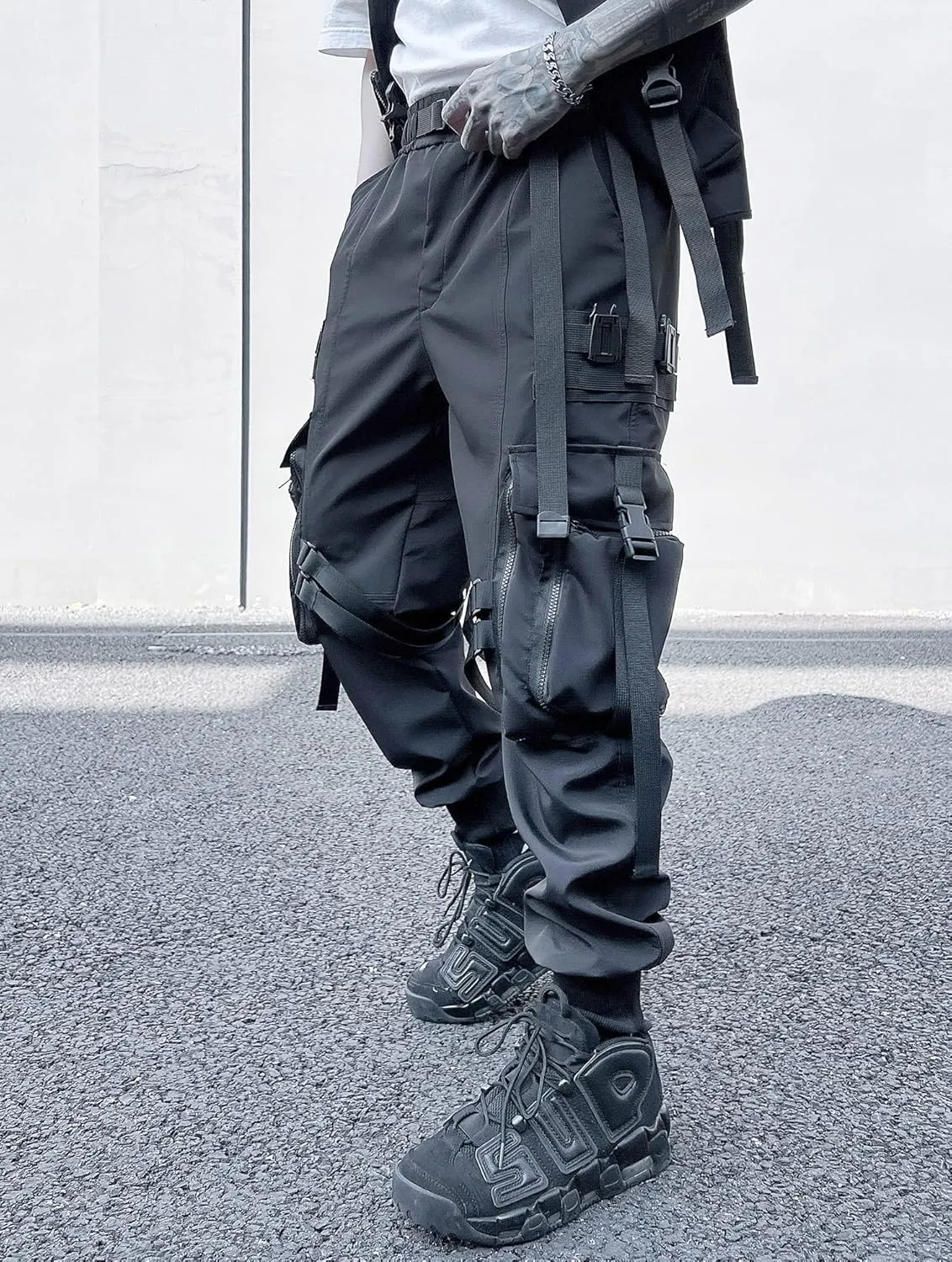 MOKEWEN Men's Streetwear Straps Harem Punk Cargo Ninth Pants with Big Multi Pockets Elastic Waist