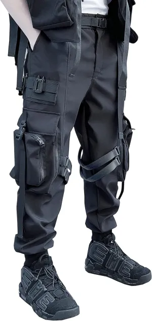 MOKEWEN Men's Streetwear Straps Harem Punk Cargo Ninth Pants with Big Multi Pockets Elastic Waist