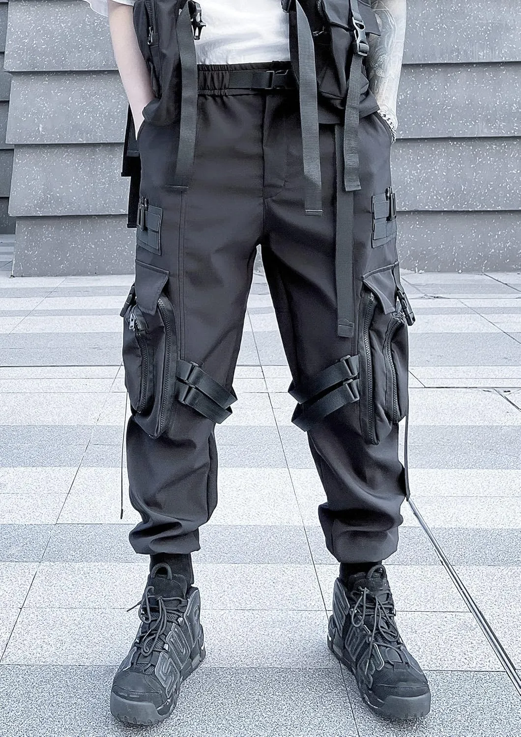 MOKEWEN Men's Streetwear Straps Harem Punk Cargo Ninth Pants with Big Multi Pockets Elastic Waist