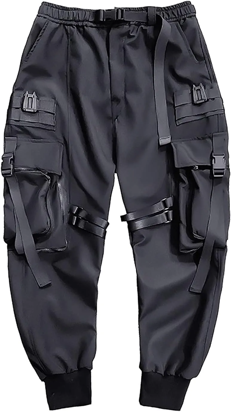 MOKEWEN Men's Streetwear Straps Harem Punk Cargo Ninth Pants with Big Multi Pockets Elastic Waist