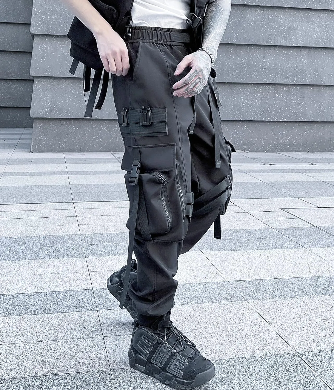 MOKEWEN Men's Streetwear Straps Harem Punk Cargo Ninth Pants with Big Multi Pockets Elastic Waist