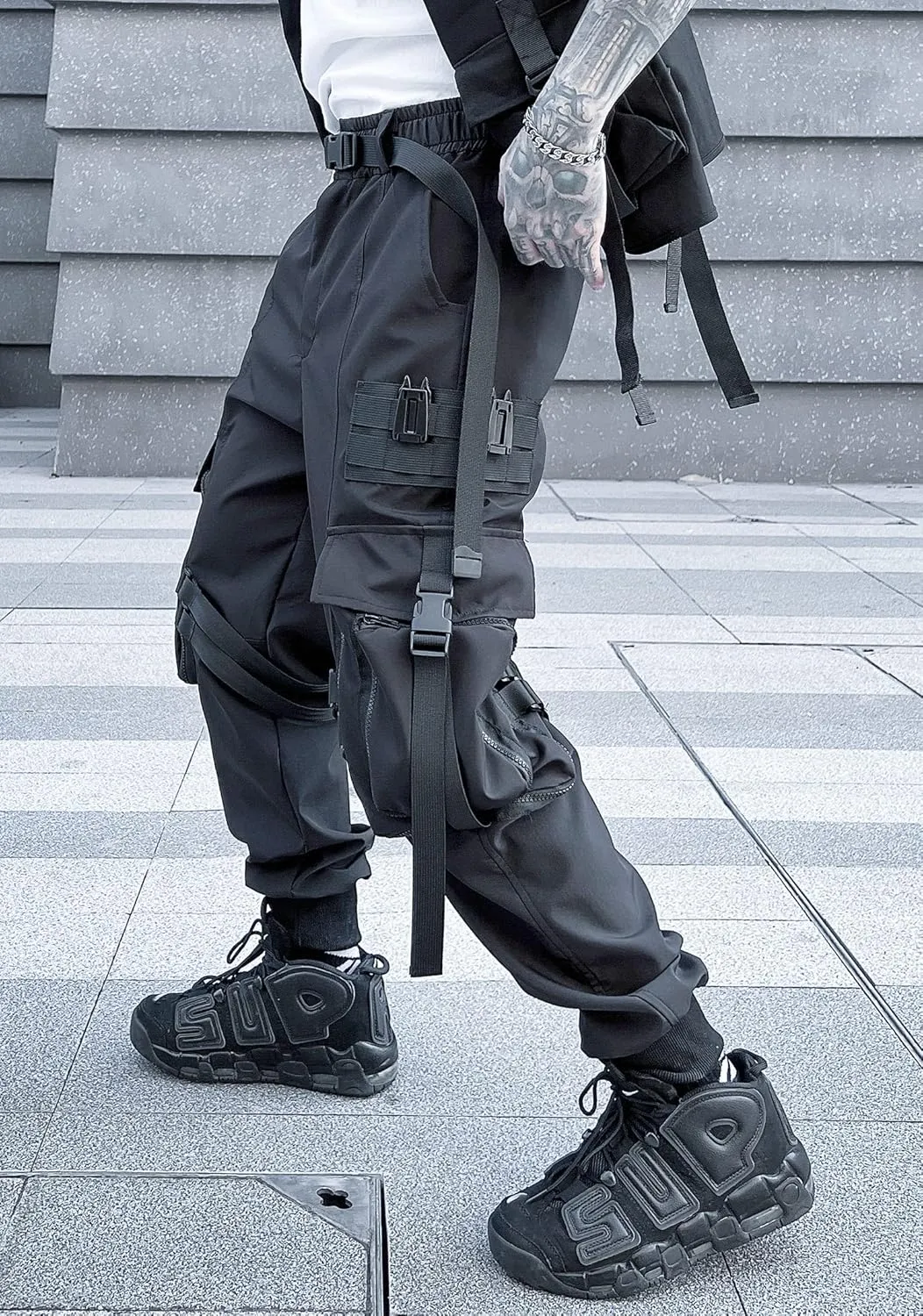 MOKEWEN Men's Streetwear Straps Harem Punk Cargo Ninth Pants with Big Multi Pockets Elastic Waist