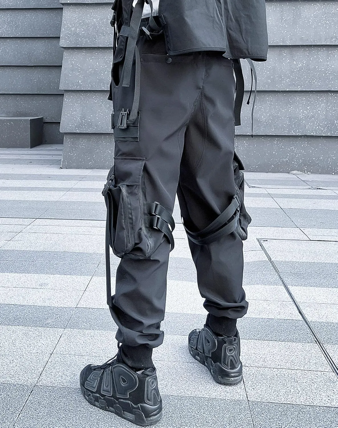 MOKEWEN Men's Streetwear Straps Harem Punk Cargo Ninth Pants with Big Multi Pockets Elastic Waist