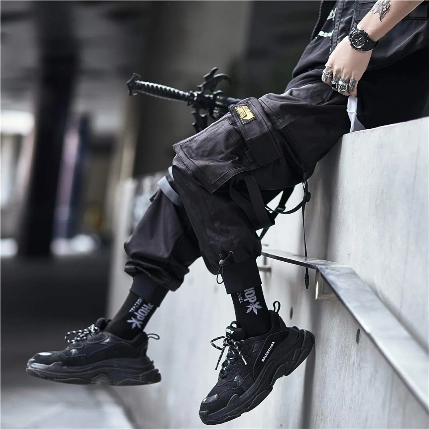 MOKEWEN Men's Streetwear Urban Techwear Ankle Band Casual Cargo Pants with Pockets Jogger