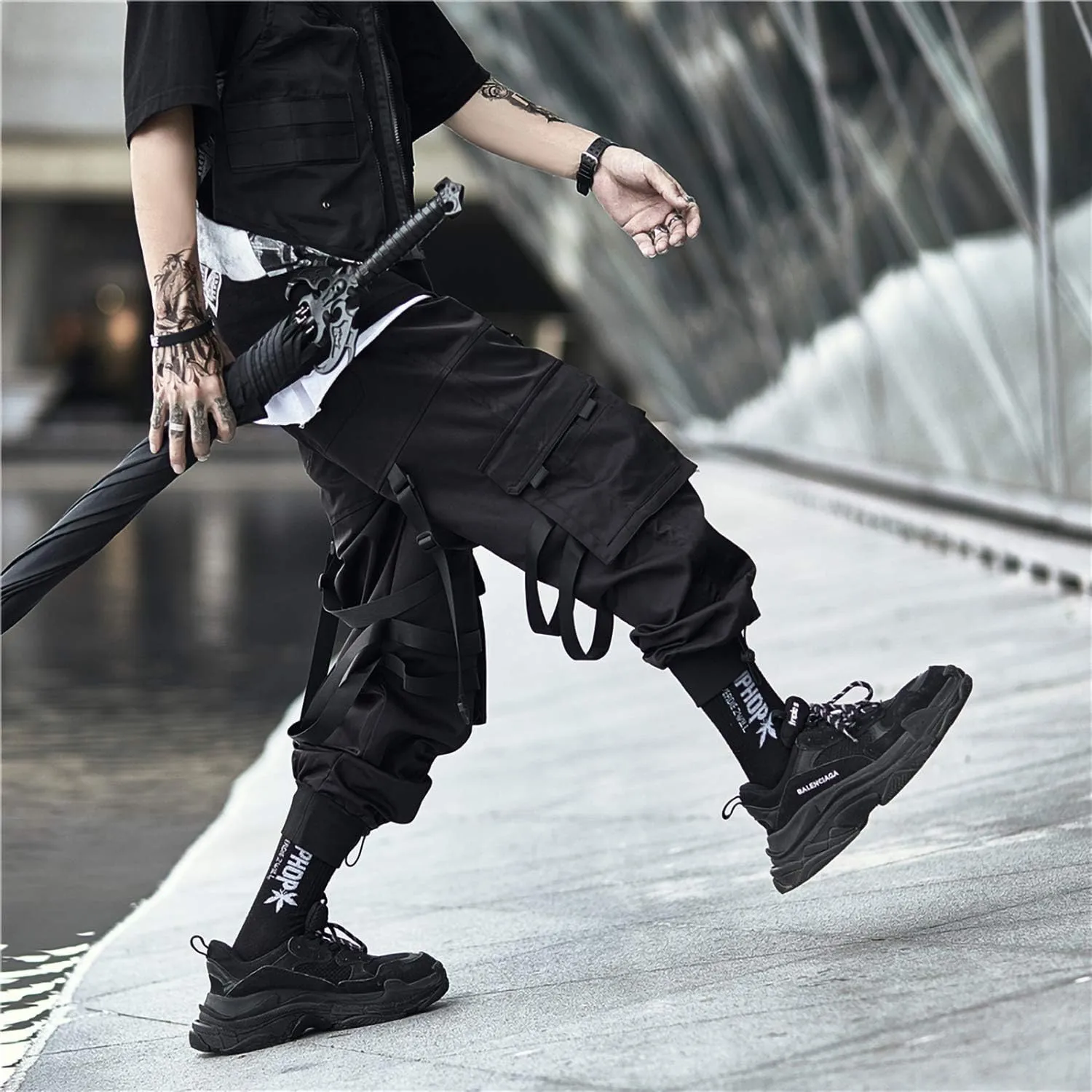 MOKEWEN Men's Streetwear Urban Techwear Ankle Band Casual Cargo Pants with Pockets Jogger