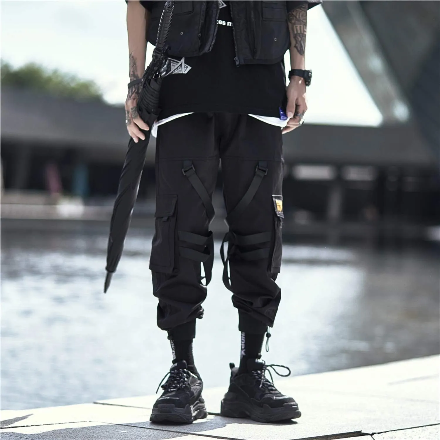 MOKEWEN Men's Streetwear Urban Techwear Ankle Band Casual Cargo Pants with Pockets Jogger
