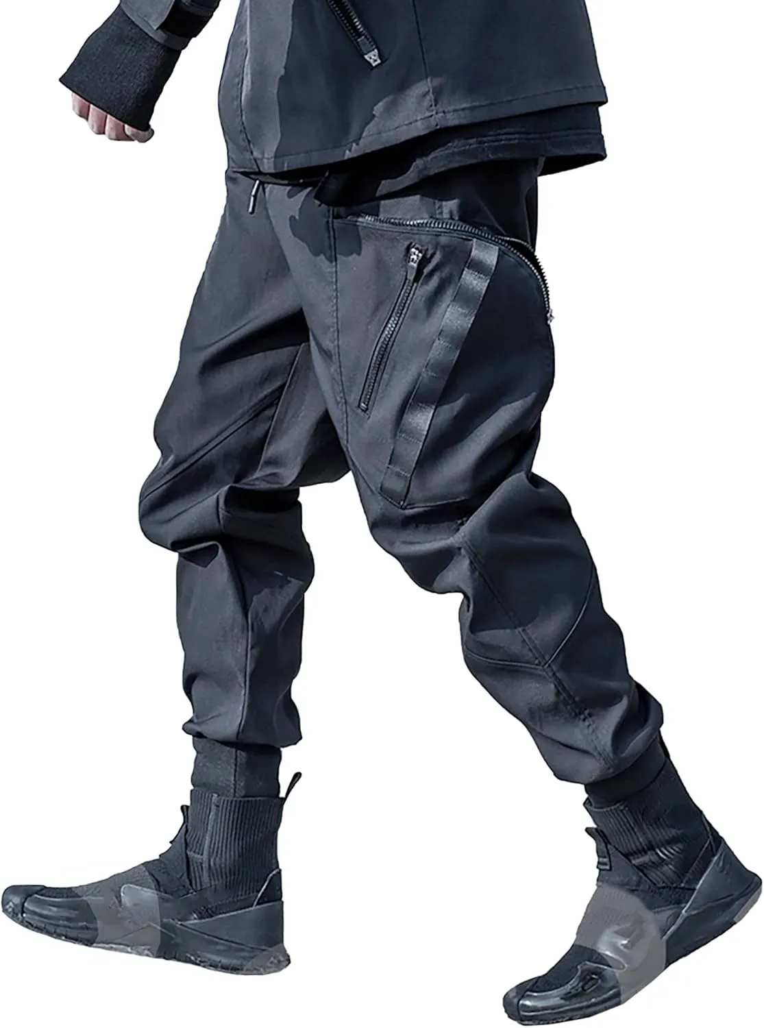 MOKEWEN Men's Tech Elastic Waist Big Zipper Pocket Buckle Harem Pants