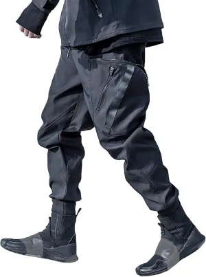 MOKEWEN Men's Tech Elastic Waist Big Zipper Pocket Buckle Harem Pants