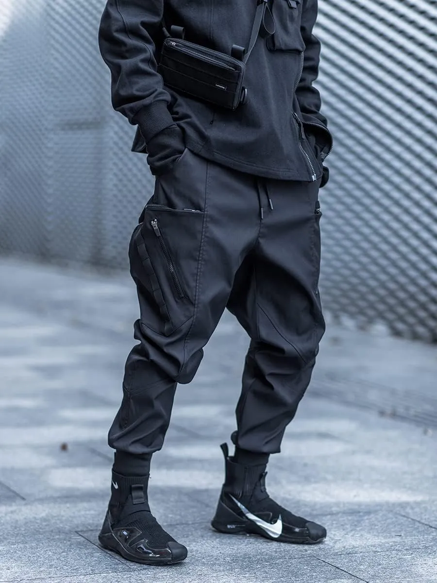 MOKEWEN Men's Tech Elastic Waist Big Zipper Pocket Buckle Harem Pants