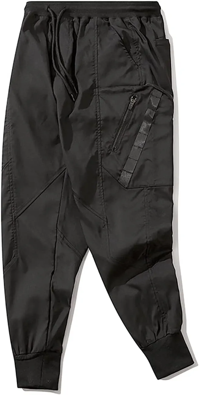 MOKEWEN Men's Tech Elastic Waist Big Zipper Pocket Buckle Harem Pants