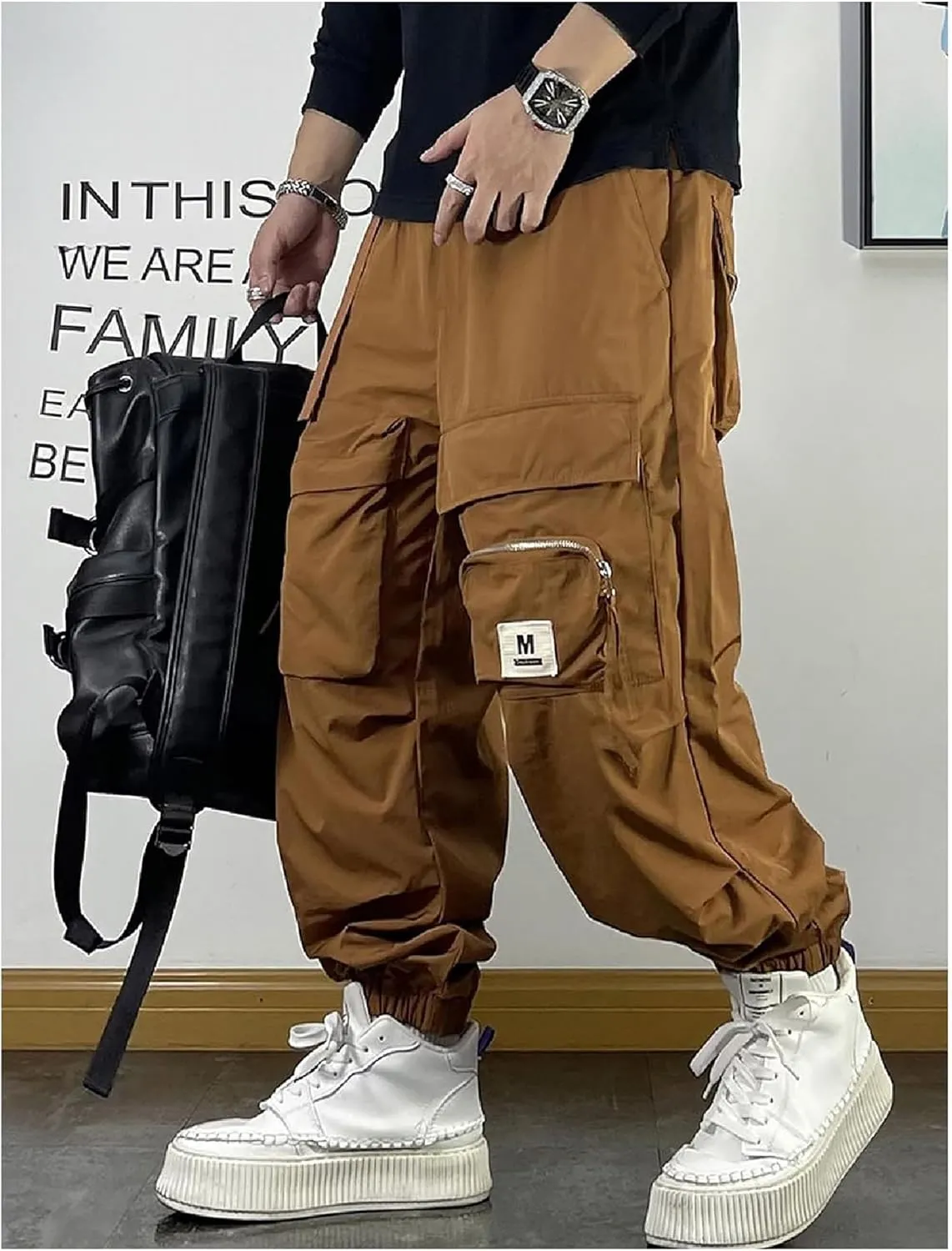 MOKEWEN Men's Techwear Pocket Elastic Waist Flower Sport Jogger Harem Cargo Pants