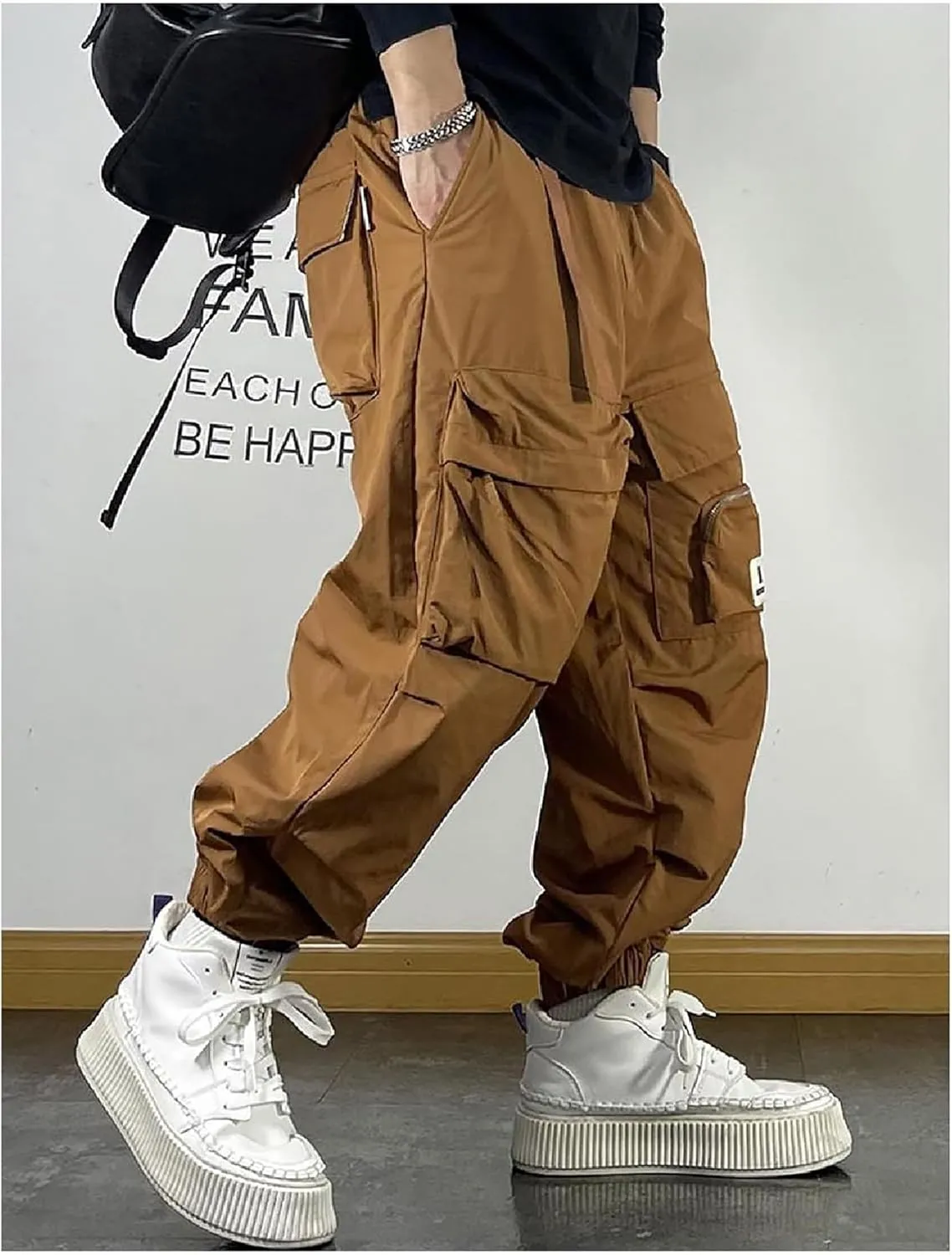 MOKEWEN Men's Techwear Pocket Elastic Waist Flower Sport Jogger Harem Cargo Pants