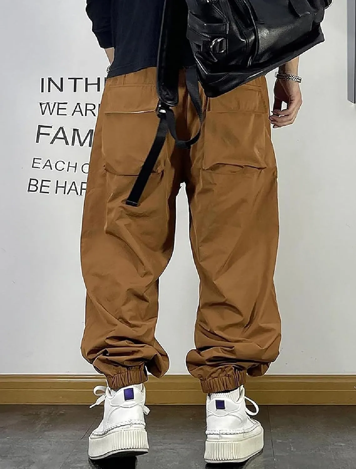 MOKEWEN Men's Techwear Pocket Elastic Waist Flower Sport Jogger Harem Cargo Pants