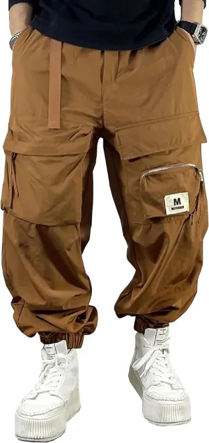 MOKEWEN Men's Techwear Pocket Elastic Waist Flower Sport Jogger Harem Cargo Pants
