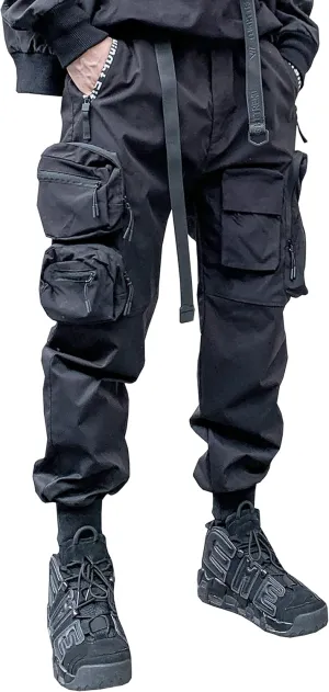 MOKEWEN Men's Women Big Pockets Streetwear Techwear Jogging Cargo Combat Tactic Ankle Pants Black W 34-35